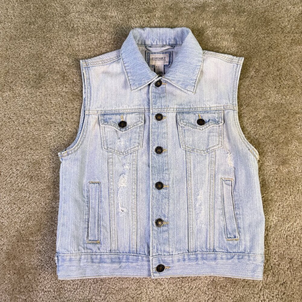 Forever 21 Premium Denim Vest Womens SZ Small Y2K Jacket Light Wash Button F269